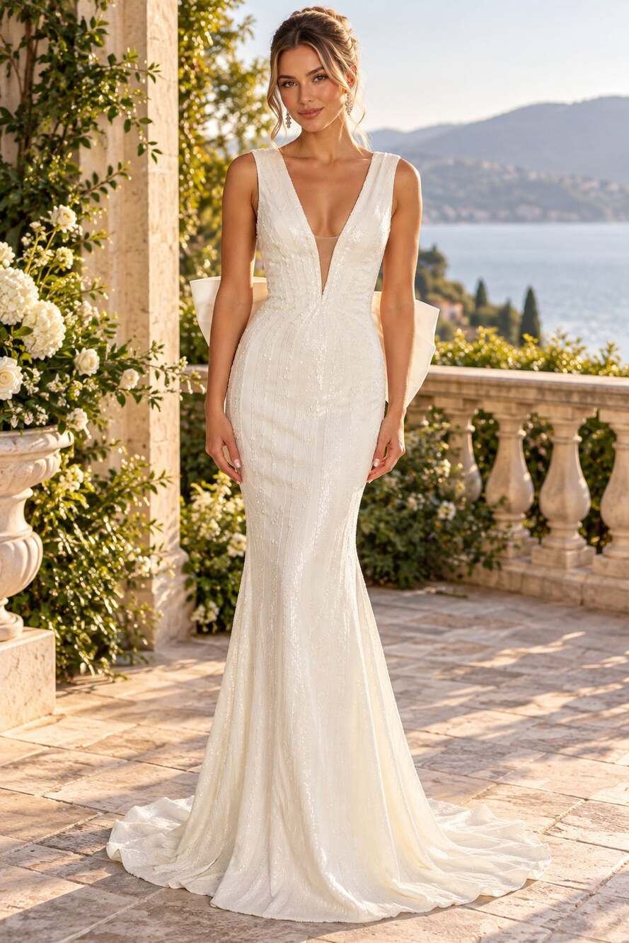 Rebecca Vallance Davina Ivory Sequin Bridal Maxi Gown Back Bow US 8 NWT